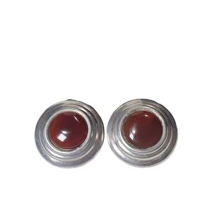 Vtg Sterling Silver Carnelian Agate Chunky Circle Clip-on Earrings 1.25" SIGNED